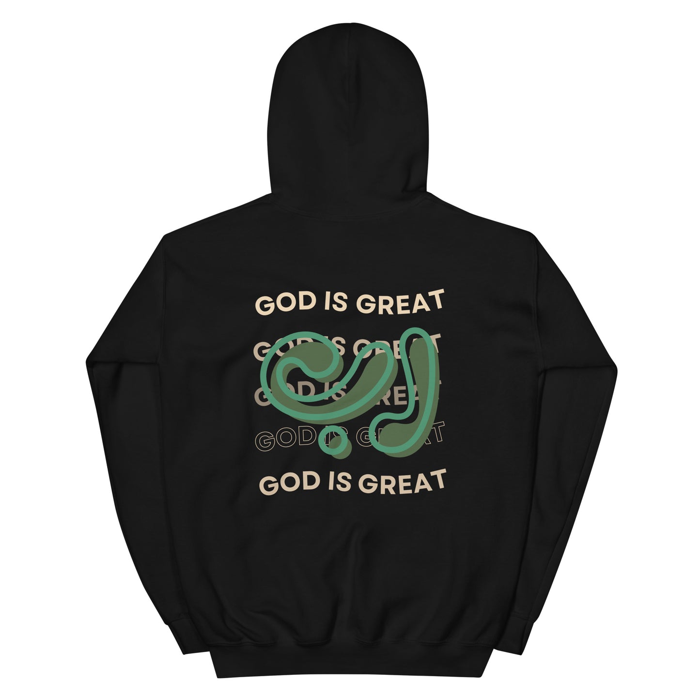 Back design of Islamic hoodie with bold “God Is Great” text