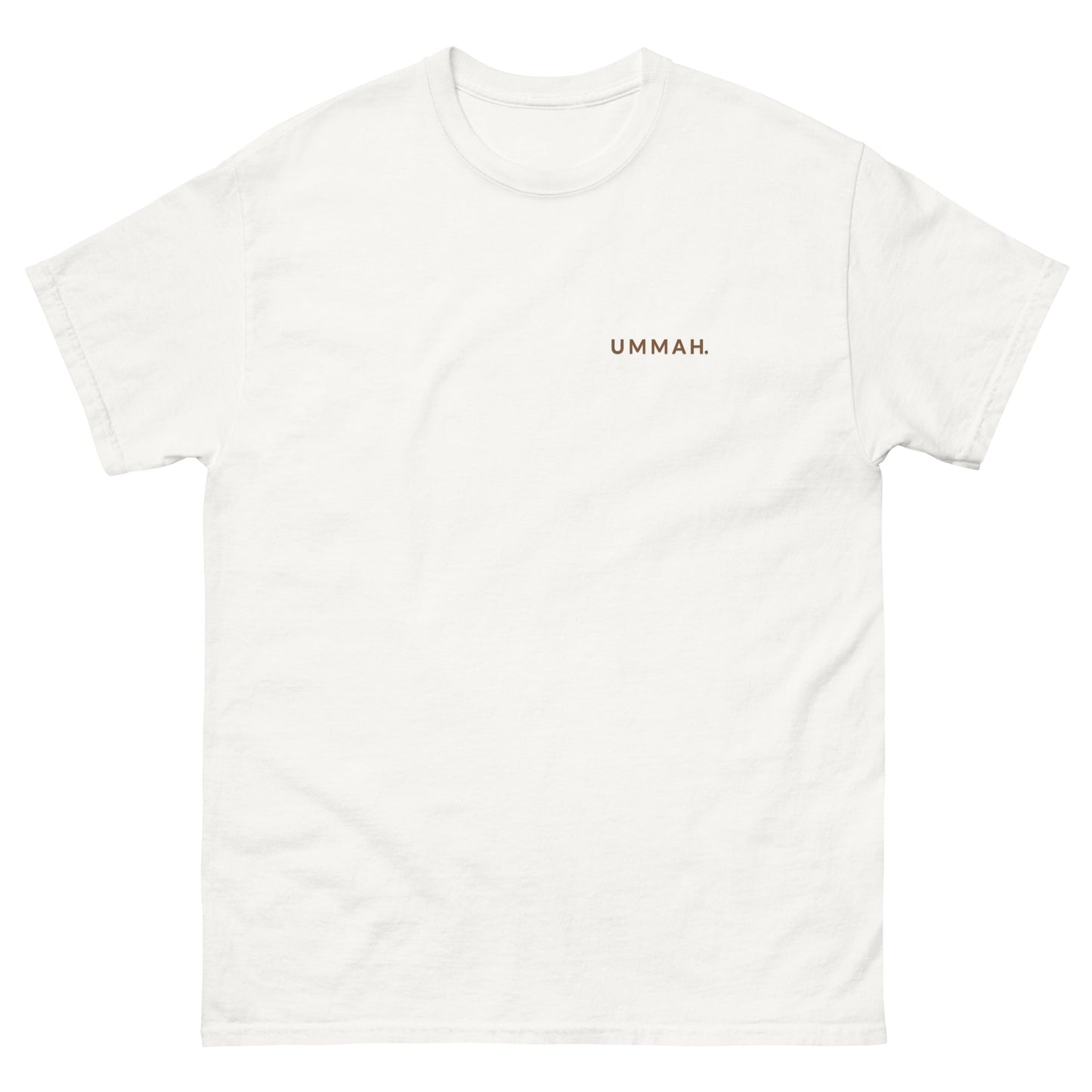 Front view of white QADR – The Night Islamic t-shirt by Ummah Collective, featuring minimalist UMMAH. print on the chest.
