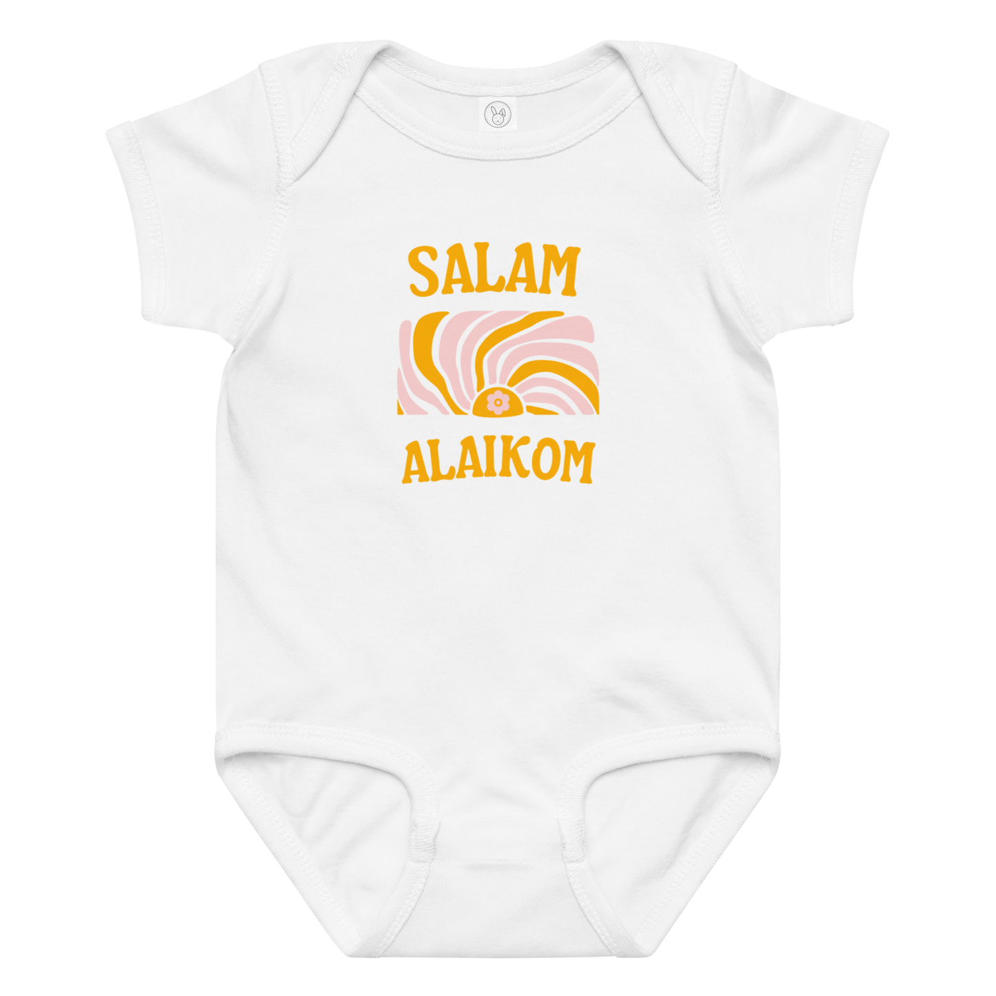 White baby bodysuit with orange pink Salam Alaikom design