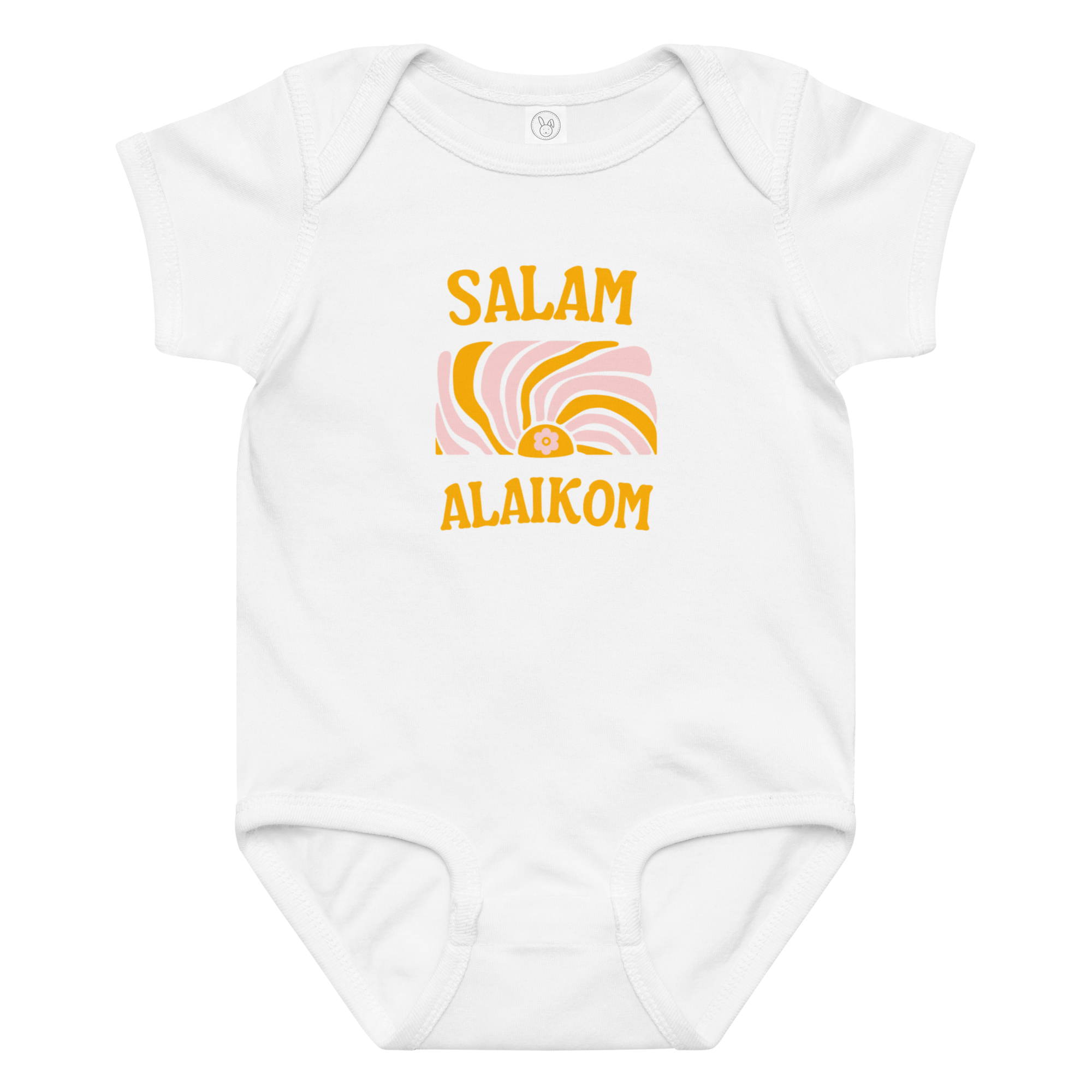 White baby bodysuit with orange pink Salam Alaikom design