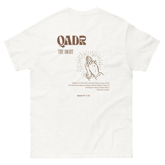 Back view of QADR – The Night Islamic t-shirt with raised hands design and Surah Al-Qadr (97:1–3) verse in brown print.