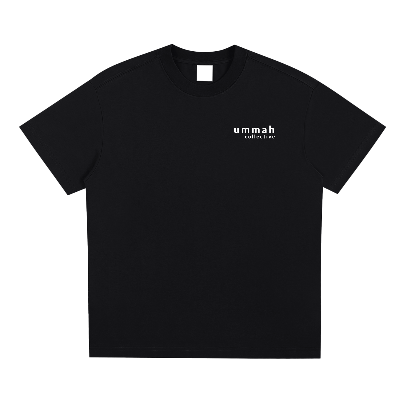 Front view of black oversized Ummah Collective T-shirt with minimalist logo.