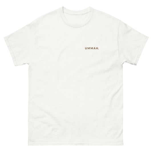 Front view of white QADR – The Night Islamic t-shirt by Ummah Collective, featuring minimalist UMMAH. print on the chest.