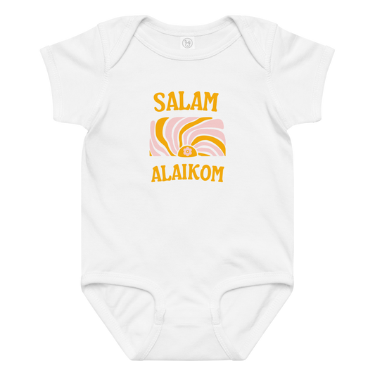White baby bodysuit with orange pink Salam Alaikom design